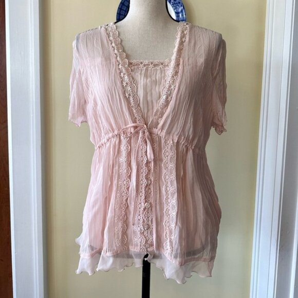 Clothing Co. by Notations | Y2K Sheer Pastel Pink Fairycore Lace & Beaded Blouse - Picture 1 of 9